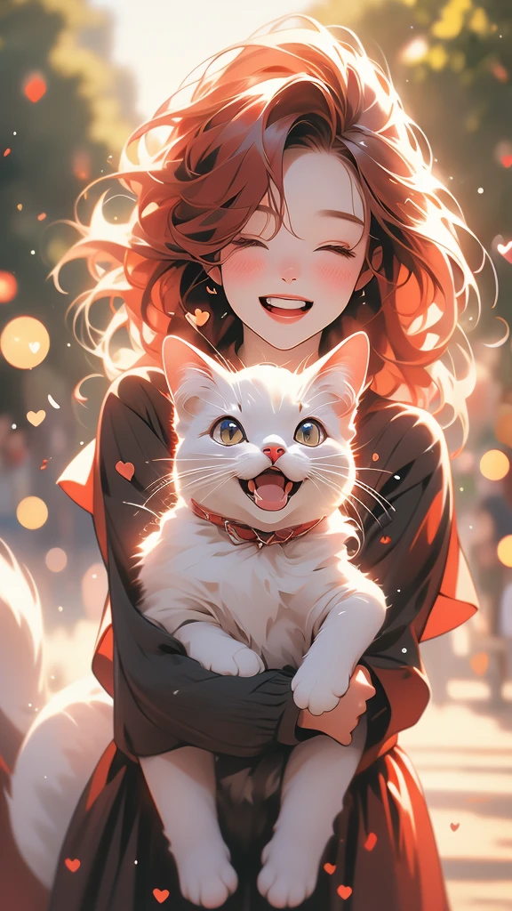 HD, 4K, a girl, Comfortable sweater, Upper body, (huge Laughing:1.1), (open mouth:0.1), (Keep your eyes open:1.3), The sun is dazzling, Bokeh, depth of field, blurred background, light particles, Strong wind, (heart particles:1.1), Red hair, black dress and cute cat