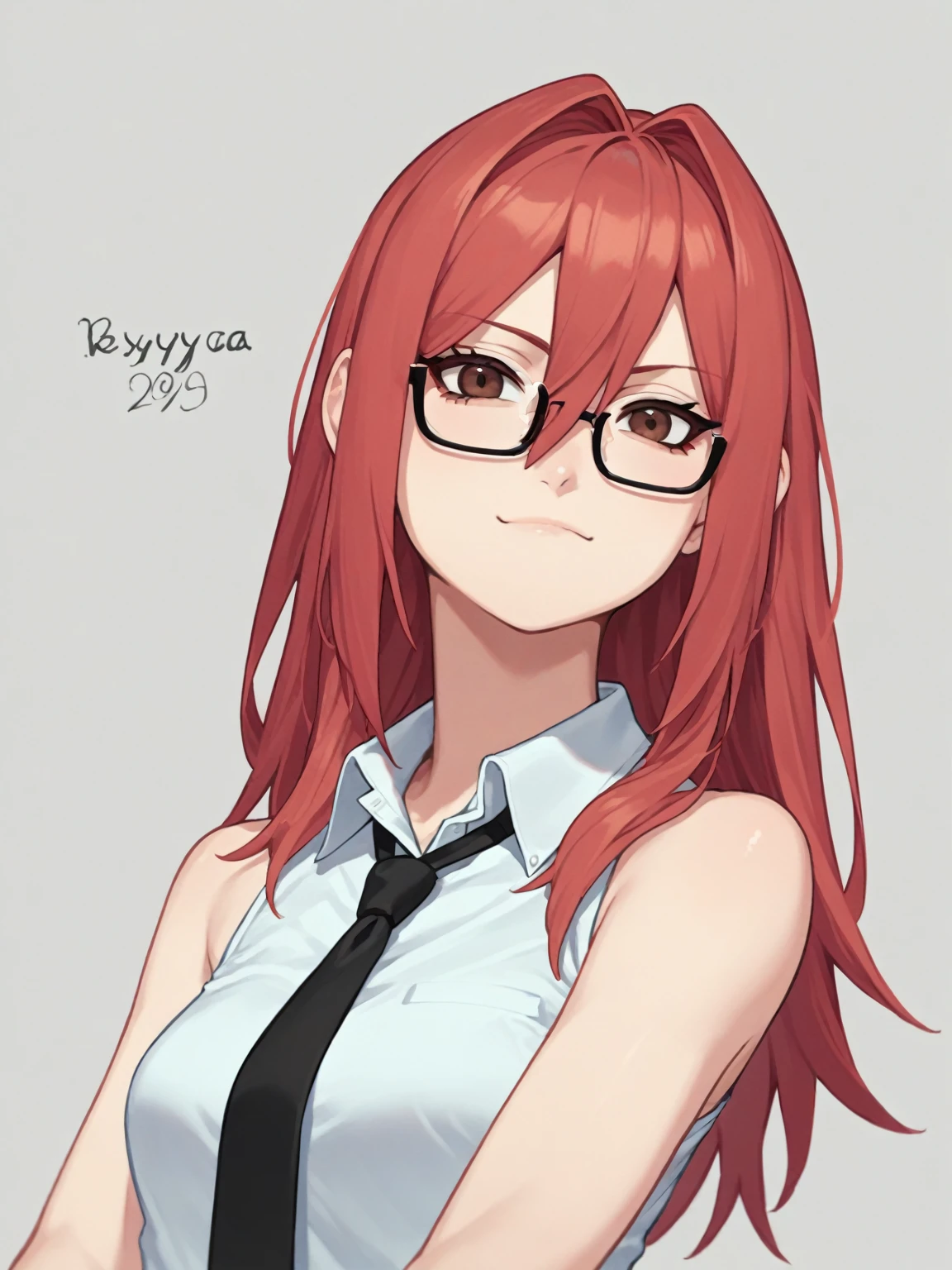 score_9, score_8_up, score_7_up, source_anime, tayuya, anime coloring, red hair, long hair, brown eyes, glasses, tie, necktie, black necktie, office lady, shirt, collared shirt, formal shirt, white shirt, sleeveless shirt, sleeveless, bare shoulders, bare arms, 1girl, solo, anime screencap, frontlighting, simple background, black background, dark background, soft light, shiny skin, shiny hair, looking at viewer, eye contact with viewer, evil smile, closed mouth, arm up, raised arm, armpit, (from side, from below:1.4)