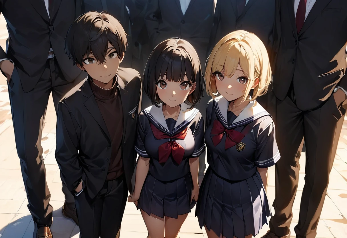 (highest quality:1.2, Very detailed, up to date, Vibrant, Ultra-high resolution, High Contrast, masterpiece:1.2, highest quality, Best aesthetics), anime, whole body, multiple people、(two girls and 1 boy:1.5), (two girls are standing on either side of the boy:1), they are 20-years-old, wearing high-school uniform, (one girl on the left ((Japanese, 20-years-old, Narrow space between the eyes, Big slant eyes, Small Nose, gold hair, Medium long wavy hair, tall, medium Breasts, sexy, slim, school uniform) and one boy (Japanese, 20-years-old, tall, slim, male,black hair,brown eyes) and one girl on the right (Japanese, 20-years-old, Narrow space between the eyes, Big slant eyes, Small Nose, black Hair, short cut, bob cut, medium Breasts, slim, school uniform)), (No background:1.3), ((Plain white background:1.3)), standing side by side apart, look at viewer