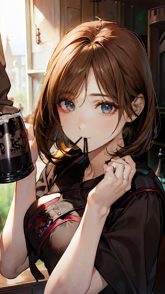 (masterpiece:1.2, Highest quality), (Realistic, photoRealistic:1.4), Beautiful illustrations, (Natural Side Lighting, Cinema Lighting), Looking at the audience, Upper Body, (Front view), 1 girl, Perfect Face, Symmetrical cute face, Glowing Skin, Baby Face, Long eyelashes, (Large Breasts), (Wide Hips:1.2),Beautiful Hair, Beautiful Face, Fine and beautiful eyes, Beautiful body, Beautiful breasts, Beautiful thighs, Beautiful legs, Beautiful fingers,(Beautiful views),(Cute Smile:1.5, Upper Eye),beautiful girl,Perfect body line,(short hair:1.2),(Shaved head),(Brown Hair:1.5),(Plump:0.7),(Hime cut),Office Lady, uniform, bar, (Dark beer,(drinking Dark beer:1.2),afternoon,(she smiles with her hand up holding the Dark beer and her mouth open:1.5),