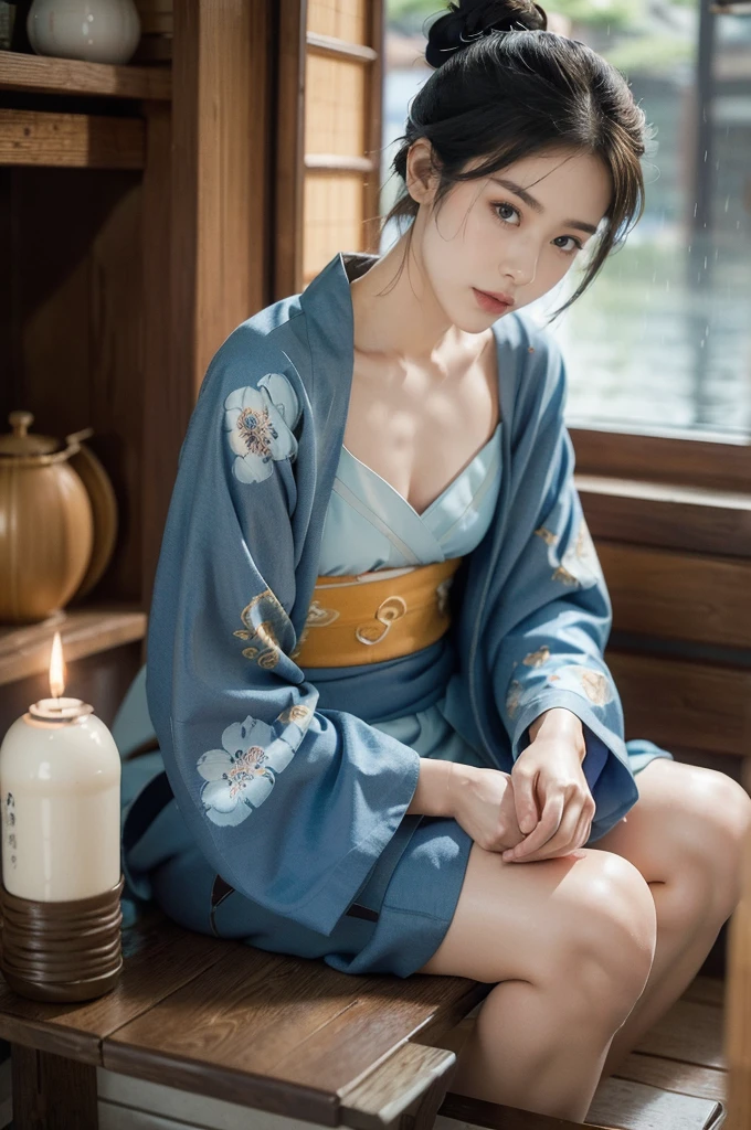 (((best quality))),(((ultra detailed))),(((masterpiece))),illustration,((1 beautiful Japannese girl,solo)),((slim,thin)),((small breasts,flat chest)),(((izakaya,summer,rain,night,indoor))),(blue floral kimono:1.3),neat bun,porcelain skin,rouge,dimly lit,warm glow,ethereal,low table,sake bottle,half-empty glass,tray,grilled fish,steamed vegetables,half-eaten,melancholic smile,storm,solitude,enigmatic aura,tranquility,chaos,simplicity,complexity,emotions,sips sake,face softens,memories,frozen moment,photograph,glance,inner world,mysterious,captivating,(sitting:1.3),((from front,upper body))