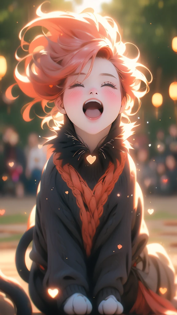 HD, 4K, a girl, Comfortable sweater, Upper body, (huge Laughing:1.1), (open mouth:0.1), (Keep your eyes open:1.3), The sun is dazzling, Bokeh, depth of field, blurred background, light particles, Strong wind, (heart particles:1.1), Red hair, black dress and cute cat