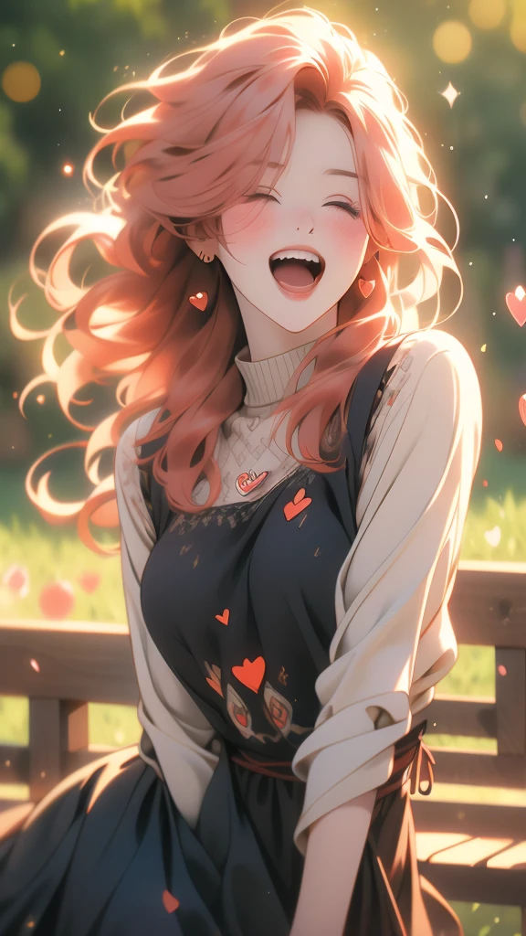 HD, 4K, a girl, Comfortable sweater, Upper body, (huge Laughing:1.1), (open mouth:0.1), (Keep your eyes open:1.3), The sun is dazzling, Bokeh, depth of field, blurred background, light particles, Strong wind, (heart particles:1.1), Red hair, black dress and cute cat