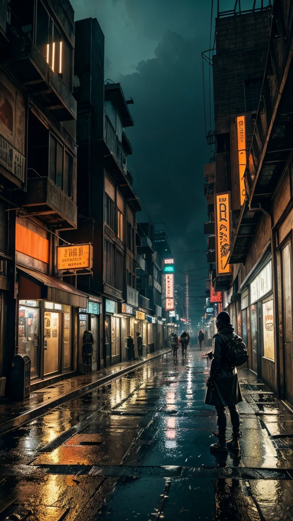 A highly detailed and realistic image of a cyberpunk-inspired environment where a lone figure stands at the edge of a worn platform, gazing at a sprawling, futuristic street in an older, gritty neighborhood. The scene is set in a dimly lit urban space, with weathered buildings that have a retro-futuristic design—modern yet not overly advanced, reflecting a sense of history. Cables dangle haphazardly from the walls, and puddles of rainwater collect on the uneven pavement, creating a reflective sheen. The ground is littered with debris, giving a sense of neglect and realism. Shops with flickering signs line the street, and a couple of dilapidated cars are parked nearby, hinting at a life once bustling. Neon lights glow softly, providing a moody atmosphere without overwhelming the scene. The environment feels alive yet abandoned, evoking a sense of exploration and nostalgia in this high-tech, dystopian world.