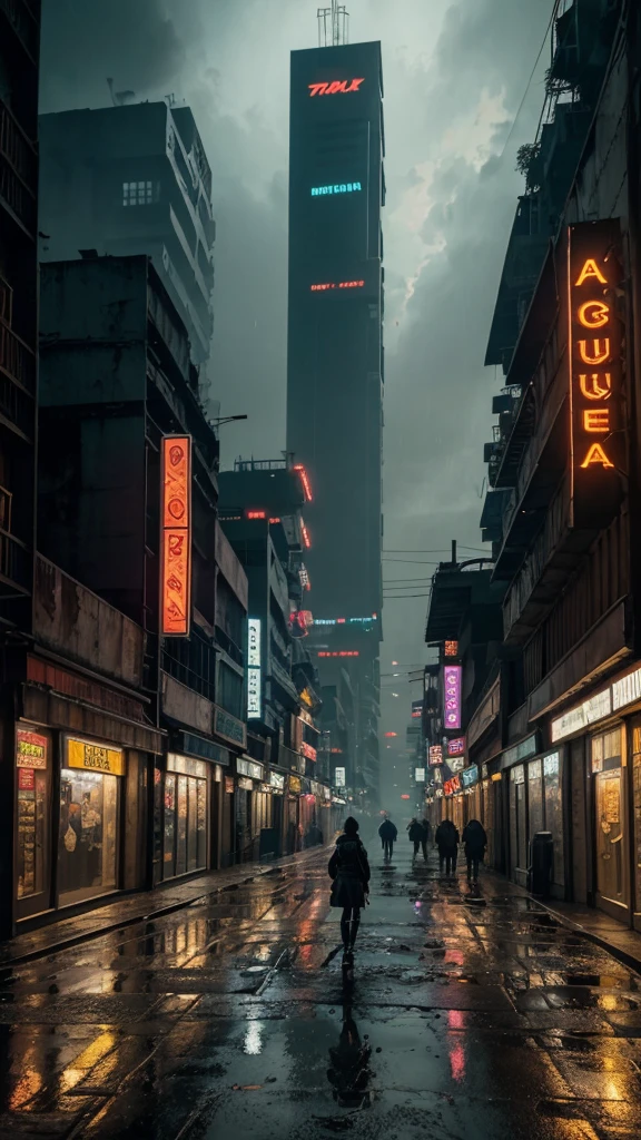 A highly detailed and realistic image of a cyberpunk-inspired environment where a lone figure stands at the edge of a worn platform, gazing at a sprawling, futuristic street in an older, gritty neighborhood. The scene is set in a dimly lit urban space, with weathered buildings that have a retro-futuristic design—modern yet not overly advanced, reflecting a sense of history. Cables dangle haphazardly from the walls, and puddles of rainwater collect on the uneven pavement, creating a reflective sheen. The ground is littered with debris, giving a sense of neglect and realism. Shops with flickering signs line the street, and a couple of dilapidated cars are parked nearby, hinting at a life once bustling. Neon lights glow softly, providing a moody atmosphere without overwhelming the scene. The environment feels alive yet abandoned, evoking a sense of exploration and nostalgia in this high-tech, dystopian world.