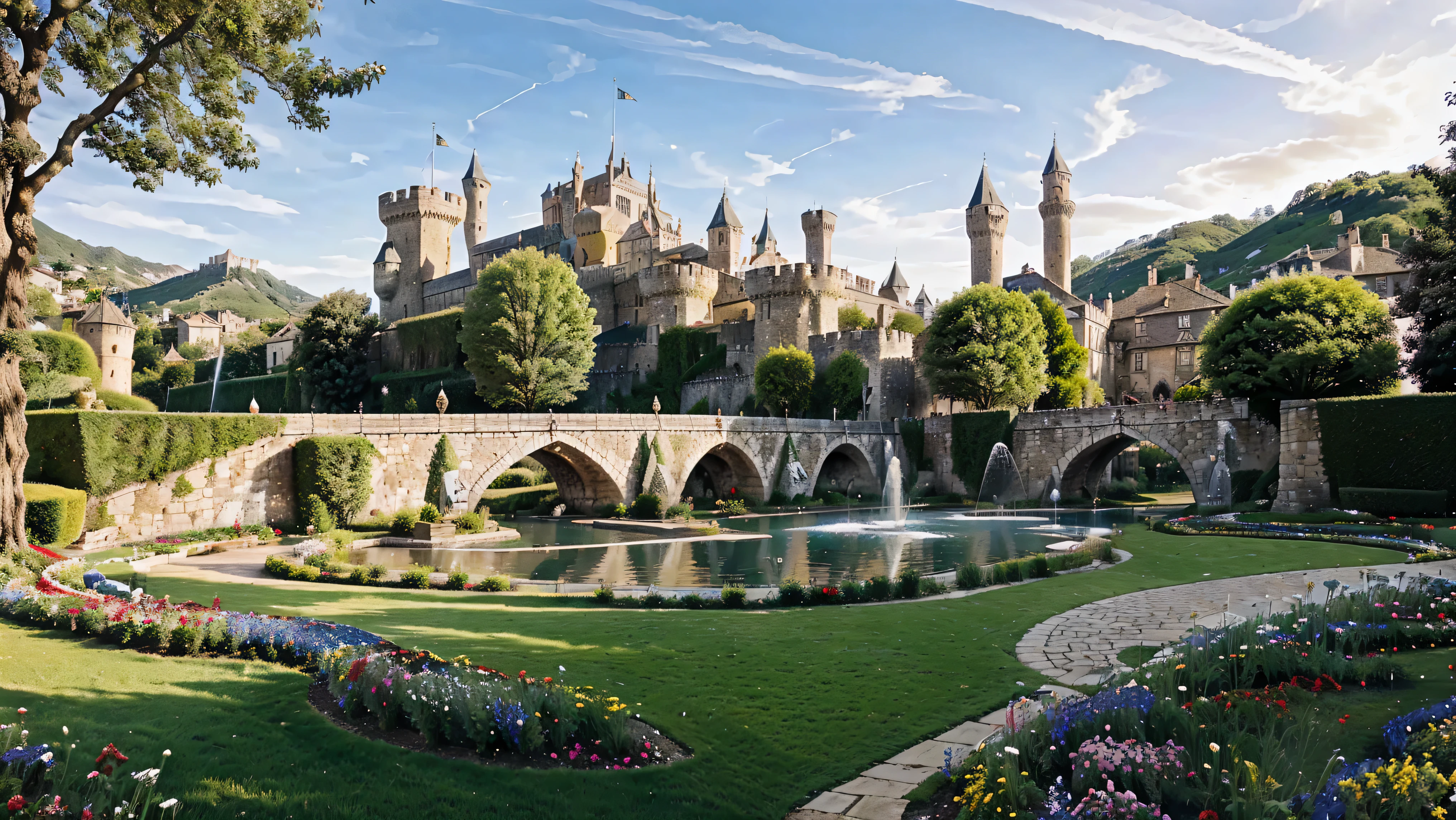 (representing in detail an external view of a complete medieval castle, medieval castle complete with hills, towers with flags, bridge, A paisagem, gram, garden with colorful flowers and fountains, Lively atmosphere and laid-back attitude, meticulously capturing every intricate detail),