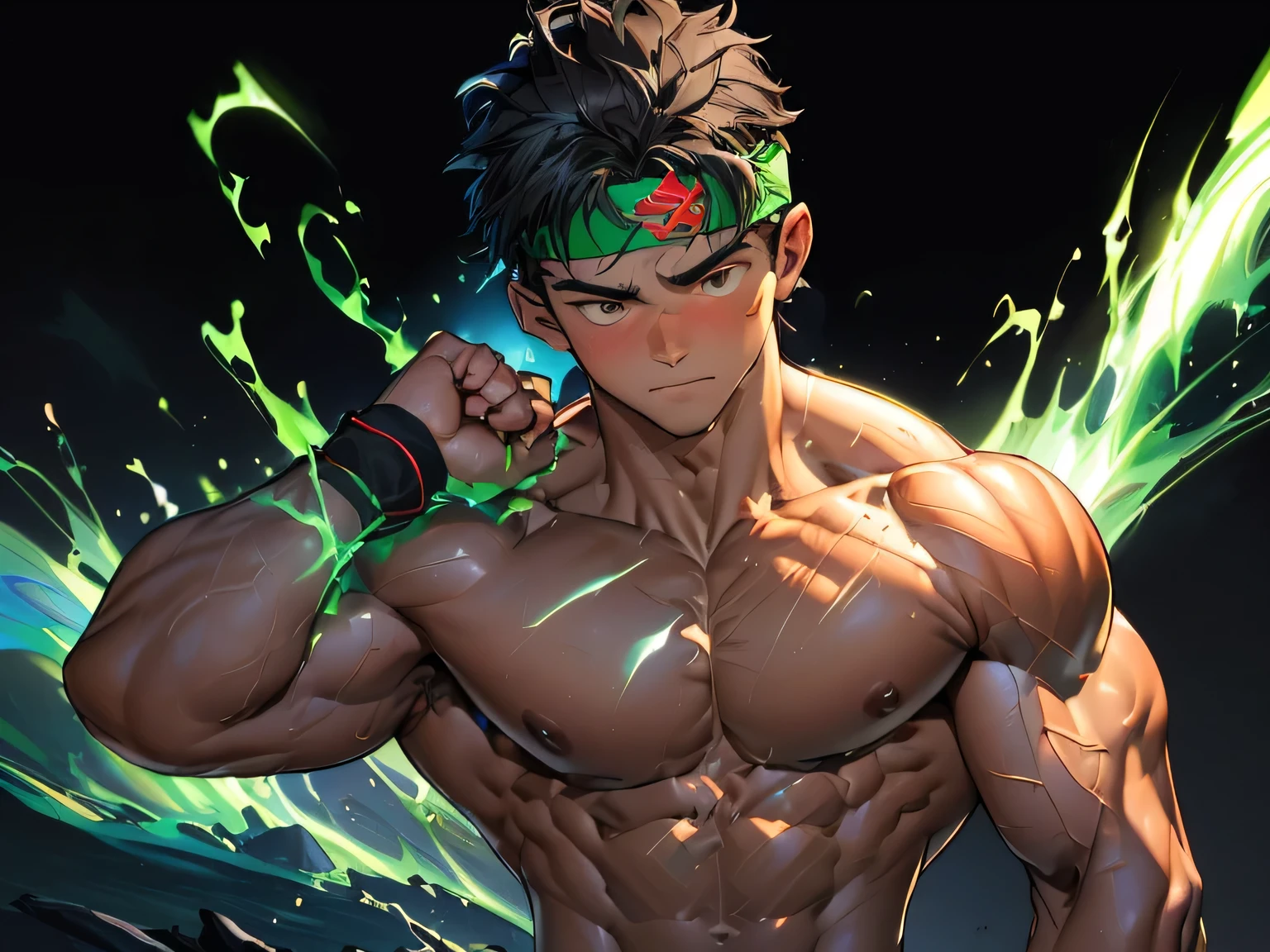 ((masterpiece, best quality)), (((((black background, deep night))))), (19 year old boy, worm eyes, Young boy, muscler, Shirtless, topless), ((((1boy, flesh, tough, reliable, developed body, blue and green aura effect, holding aura energy)))), (Dark Short straight hair, ((almost completely shaved hair)), under cut, brown eyes), (((red headband, black wristband))), Vivid colors, ((hot Abs:1.2, abs!, big abs, big breast:1.2, chest!, muscler upper arms)), muscler!, muscler body, detailed face, detailed muscle, (((rippling muscles, Flowing energy, giving off an aura of holy power, charging ,energy ball, electricity, aura)))