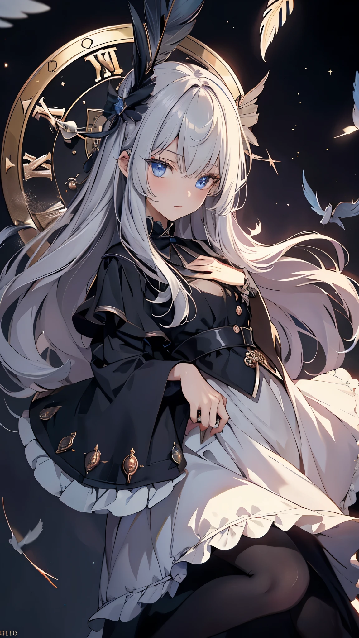 1girl ,{Background (In a huge clock)}, {Deep black blue eyestwinkling with the stars}, {Beautiful ta},(beautiful detailed eyes),long_ hair,{loli{clock style magic array}}},With magic feathers floating around,{masterpiece}, {(best quality)},{high-quality},{{magic clock dial}}, {darker light}, {flat chest}, {warm tone},silver_hair,magic_circle, ,{Animation style}, {{The silver whirlwind revolving around the characters}},