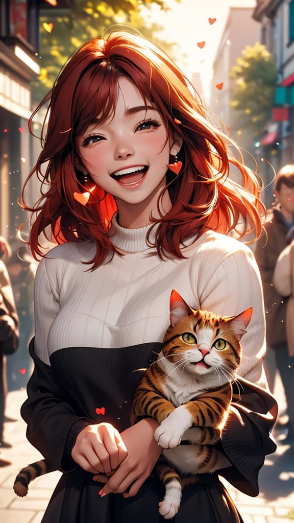 HD, 4K, a girl, Comfortable sweater, Upper body, (huge Laughing:1.1), (open mouth:0.1), (Keep your eyes open:1.3), The sun is dazzling, Bokeh, depth of field, blurred background, light particles, Strong wind, (heart particles:1.1), Red hair, black dress and cute cat