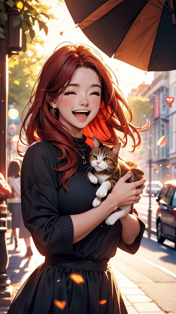 HD, 4K, a girl, Comfortable sweater, Upper body, (huge Laughing:1.1), (open mouth:0.1), (Keep your eyes open:1.3), The sun is dazzling, Bokeh, depth of field, blurred background, light particles, Strong wind, (heart particles:1.1), Red hair, black dress and cute cat