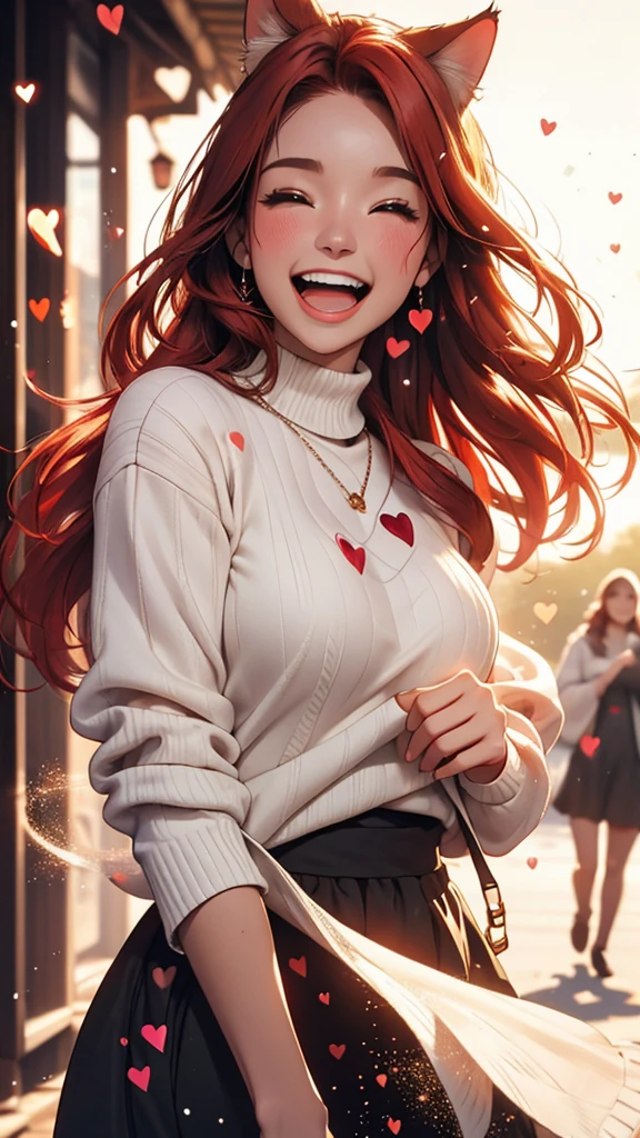 HD, 4K, a girl, Comfortable sweater, Upper body, (huge Laughing:1.1), (open mouth:0.1), (Keep your eyes open:1.3), The sun is dazzling, Bokeh, depth of field, blurred background, light particles, Strong wind, (heart particles:1.1), Red hair, black dress and cute cat