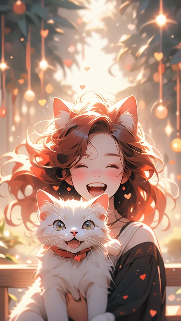 HD, 4K, a girl, Comfortable sweater, Upper body, (huge Laughing:1.1), (open mouth:0.1), (Keep your eyes open:1.3), The sun is dazzling, Bokeh, depth of field, blurred background, light particles, Strong wind, (heart particles:1.1), Red hair, black dress and cute cat