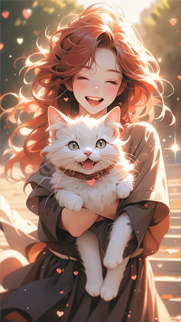 HD, 4K, a girl, Comfortable sweater, Upper body, (huge Laughing:1.1), (open mouth:0.1), (Keep your eyes open:1.3), The sun is dazzling, Bokeh, depth of field, blurred background, light particles, Strong wind, (heart particles:1.1), Red hair, black dress and cute cat