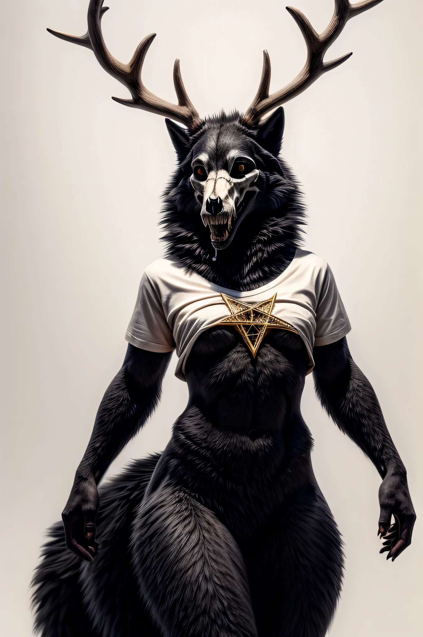 Solo, Cinematic, photorealistic, a black wolf, female, furry, thick thighs, flat chested, fluffy body, with antlers, wearing a t-shirt with gold chains, bone tail, skull-faced, exposed ribs, dark body, smilling, standing, White background, extremely detailed, beautiful and detailed dilated eyes, black eyes, open mouth with spilled saliva, full body, with a pentagram in his abdomen, (no pupils:1.15