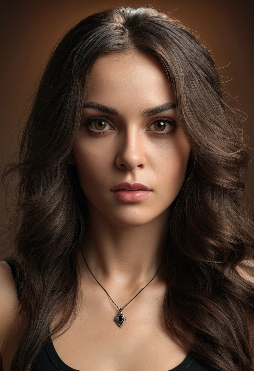Absurd resolution, high resolution, (masterpiece: 1.4), super detailed, (((detailed face, detailed expression)), Portrait of a stunning woman with piercing dark brown eyes and long flowing hair, wearing black tank-top, realistic, view from the middle, front view, clear face visible, intricate details in the clothing and facial features, studio lighting to enhance the depth and realism of the image