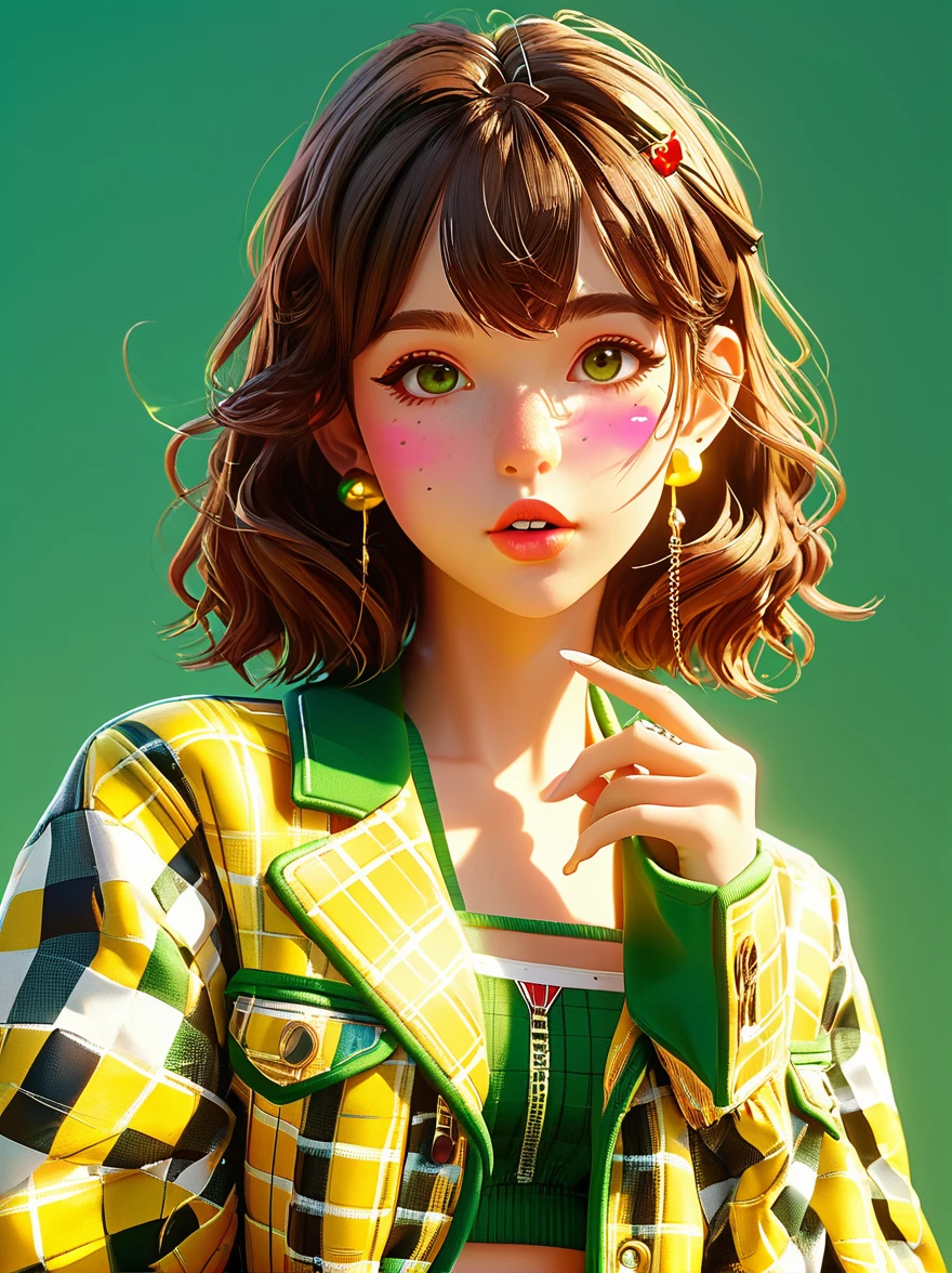 masterpiece,3D anime style girl with brown hair in a checkered outfit and green jacket. She has a pink nose ring and is blowing a kiss for the camera against a yellow background, created in the style of unreal engine, Cartoon Style, full-body shot, Super Detail, Anatomically correct, masterpiece, precise