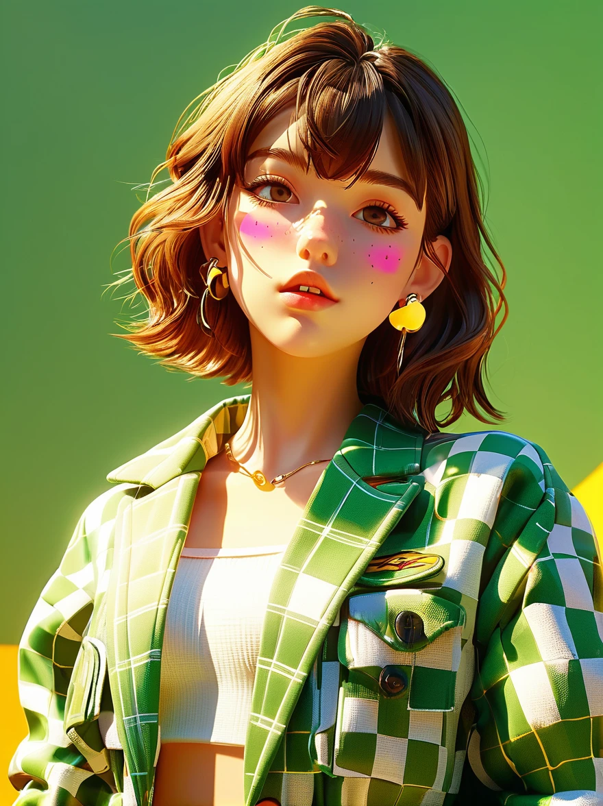 masterpiece，3D anime style girl with brown hair in a checkered outfit and green jacket. She has a pink nose ring and is blowing a kiss for the camera against a yellow background, created in the style of unreal engine, Cartoon Style, full-body shot, Super Detail, Anatomically correct, masterpiece, precise