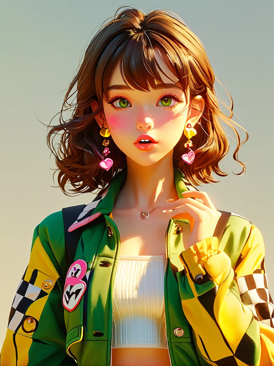 masterpiece，3D anime style girl with brown hair in a checkered outfit and green jacket. She has a pink nose ring and is blowing a kiss for the camera against a yellow background, created in the style of unreal engine, Cartoon Style, full-body shot, Super Detail, Anatomically correct, masterpiece, precise