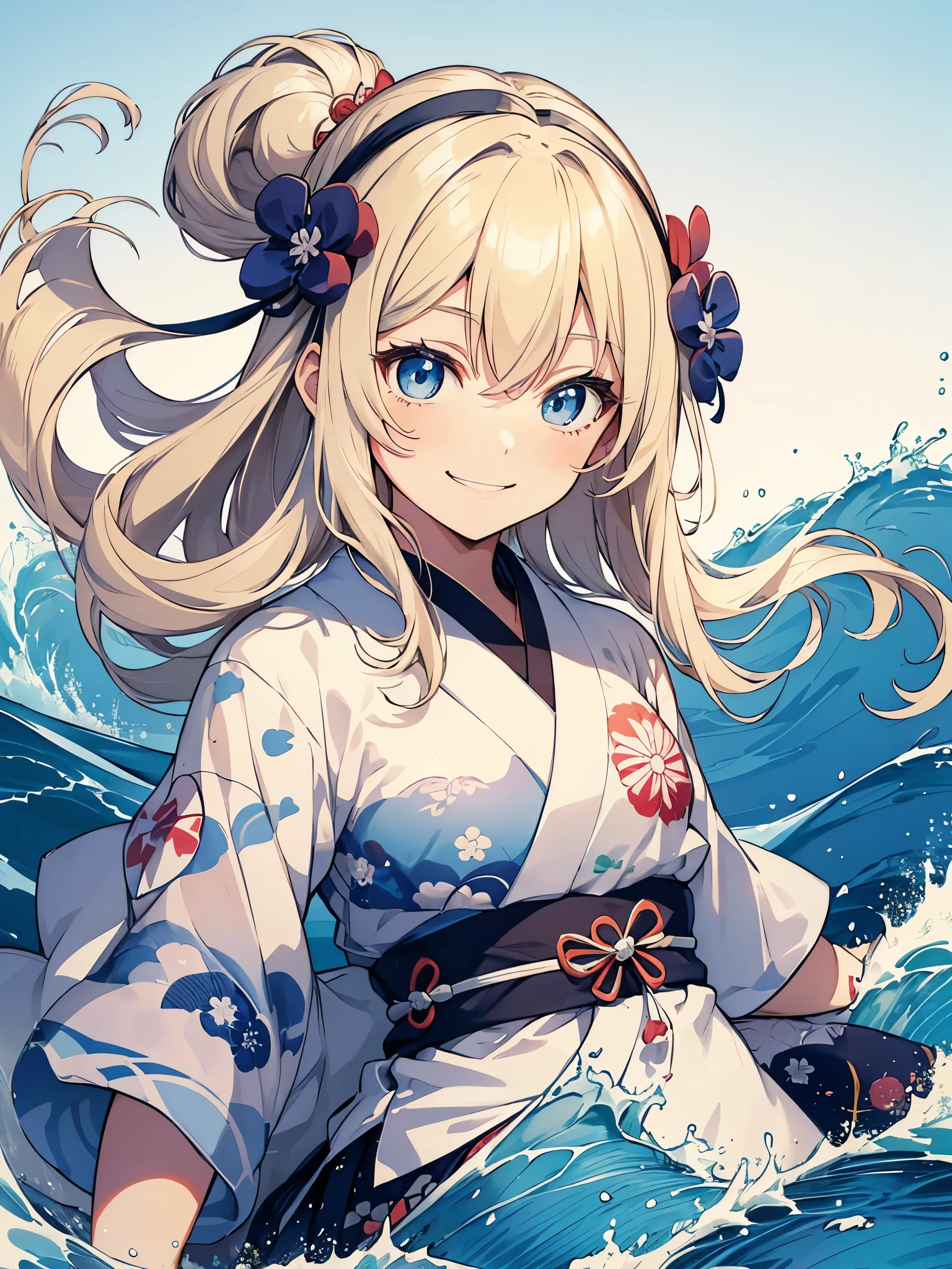 Japanese style t-shirt design, Hokusai Wave, Hokusai Stil, with modern anime elements,((Beautiful blue eyes)) blonde hair,ロング、髪をアレンジ、 blue eyes,((smile)) Pastelfarben, 1girl, cute, kawaii, Sweet, Pastel, 