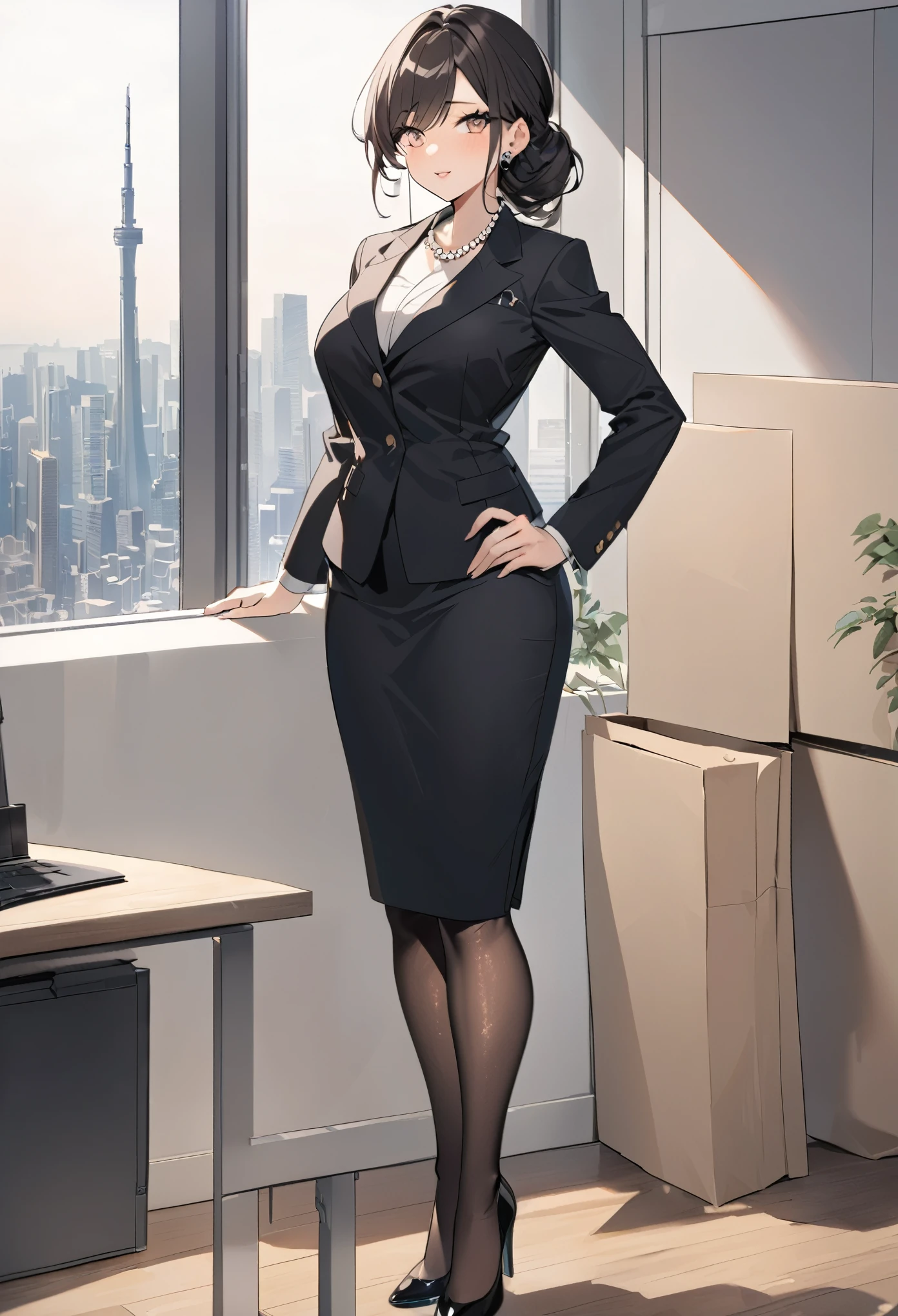 "Devious Curvaceous Japanese dominant office lady confront a naked man's erected hard dick and grabed and stroking it with her one hand and it shoots out semen covering all over his dick, 32 years old, height 163cm, business chic with hidden curves (92-63-93 cm), ample E-cup breasts concealed under blouse and peaking out her nipples, slender 63cm waist, full 93cm hips, shapely legs, clear fair skin (RGB: 255, 233, 209), oval face with soft features, almond-shaped eyes (dark brown, RGB: 54, 38, 22) with double eyelids, straight nose, full lips with natural pink color (RGB: 222, 165, 1) in a professional smile, long black hair styled in an elegant French twist updo, subtle makeup suitable for office with focus on eyes and neutral lip color, wearing a crisp white blouse with top buttons open hinting at cleavage, tight formal coat and form-fitting dark gray pencil skirt accentuating hips and ending just above knees, black 3-inch heel pumps, 15 den glittery shiny silk pantyhose delicate pearl necklace and earrings, standing confidently with one hand on hip in a modern office setting with floor-to-ceiling windows, Tokyo skyline view in background, soft natural lighting mixed with office fluorescents, corporate portrait style with a touch of glamour, shot with Sony A1 mirrorless camera, 85mm f/1.4 GM lens, ISO 200, 1/160 sec, 50MP resolution, focus on professional appearance with subtle emphasis on curves --ar 2:3 --q 2 --s 850 --v 6.0 --style raw"