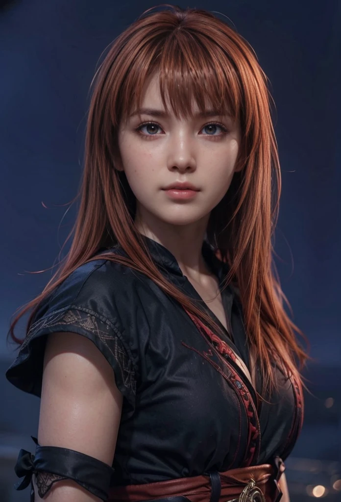 Kasumi, brown eyes, Red Hair, (best quality, ultra detail), (realistic:1.37), beautiful and detailed face, ultra-realistic texture, Delicate face, delicate body, red lipstick, bright colors. high definition, 8K. angry expression and penetrating, expressive gaze.