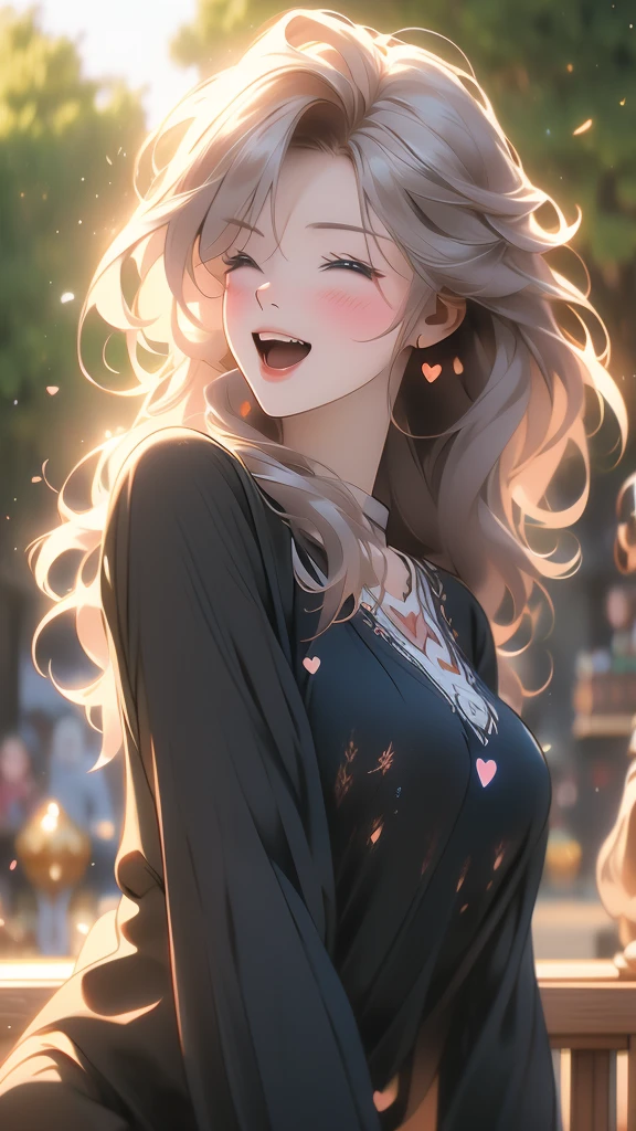 HD, 4K, a girl, Comfortable sweater, Upper body, (huge Laughing:1.1), (open mouth:0.1), (Keep your eyes open:1.3), The sun is dazzling, Bokeh, depth of field, blurred background, light particles, Strong wind, (heart particles:1.1), hair, black dress and cute cat