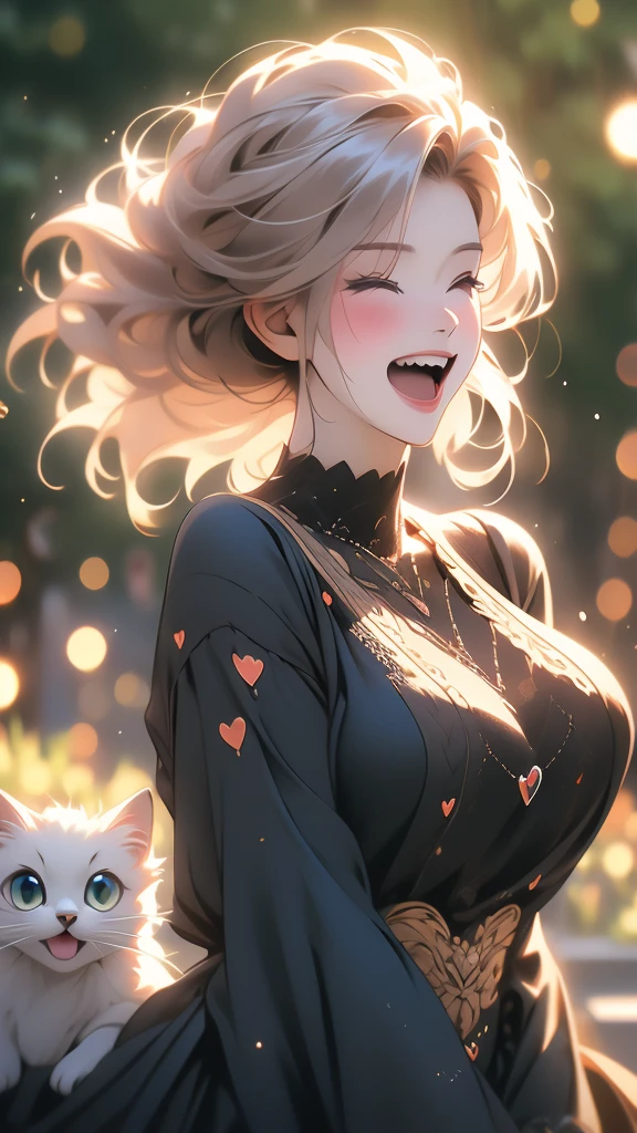 HD, 4K, a girl, Comfortable sweater, Upper body, (huge Laughing:1.1), (open mouth:0.1), (Keep your eyes open:1.3), The sun is dazzling, Bokeh, depth of field, blurred background, light particles, Strong wind, (heart particles:1.1), hair, black dress and cute cat