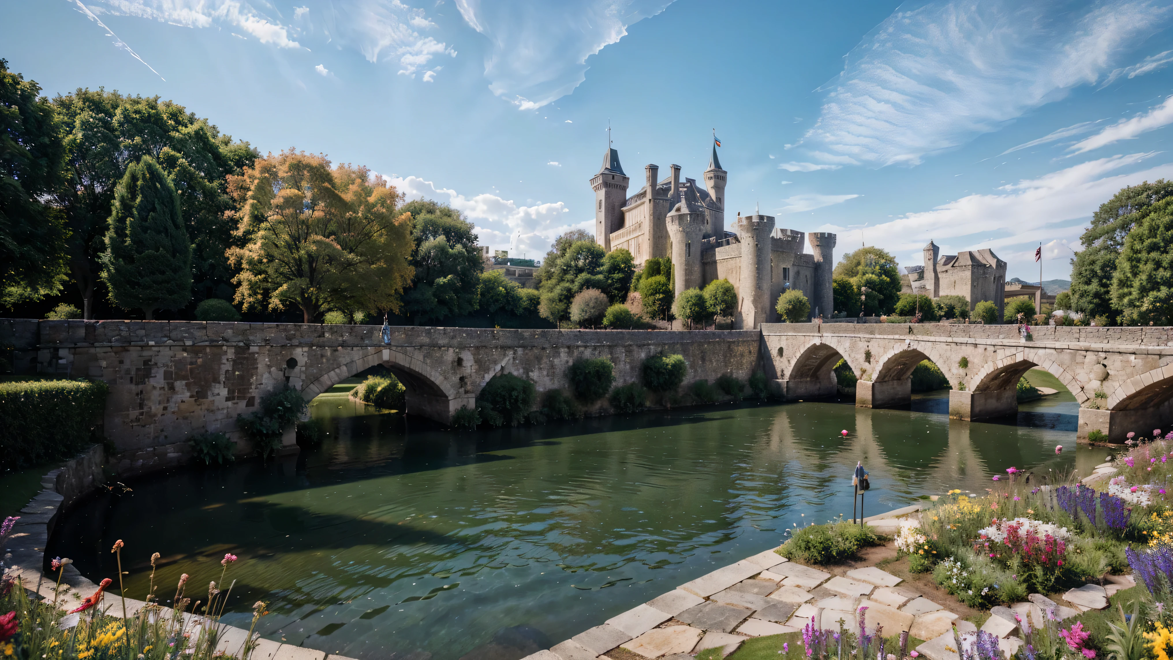 (representing in detail an external view of a complete medieval castle, medieval castle complete with hills, towers with flags, bridge, the paisaje, gram, garden with colorful flowers and fountains, Lively atmosphere and laid-back attitude, meticulously capturing every intricate detail), Fujifilm XT3 sharp focus, proffesional lighting, bright coloured, details Intricate, film grain, Fujifilm XT3 realisitic painting art, f5.6, Physically based rendering, natural lighting, cinematic lighting ,dramatic lighting, proffesional, colorful lighting, swirly vibrant colors, studio lighting, proffesional photography, film composition, paisaje, (best qualityer,4K,8k,16K,Most High,work of art:1.2),(realisitic,photorealisitic,photo-realisitic:1.37), (extremely detailed CG unity, Papel de parede 16K), Utilize state-of-the-art deep learning models and adjust parameters according to quality metrics, as Structural Similarity (YES) and loss of perception to create an image that is indistinguishable from a real image, photography hight quality, Make sure the scene is beautiful and that the young woman is harmoniously integrated into the environment, (slim fit), (Seja criativo), (Ultra-high definition, hyper-realisitic, highy detailed, top quality picture, sharp focus, proffesional lighting, bright coloured and details Intricate),