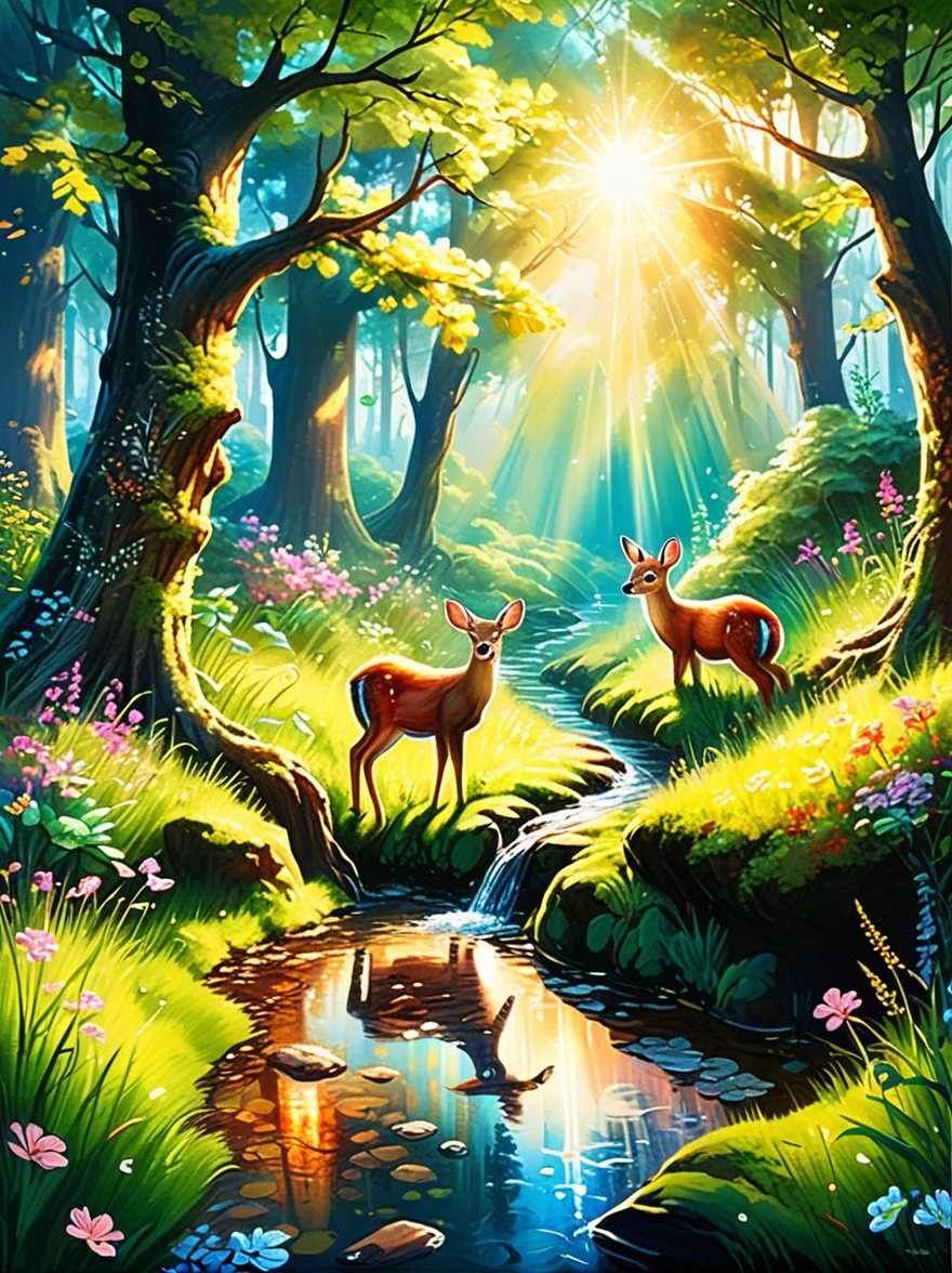 (((Acrylic painting,Hand Painted,Crayon drawing for children,Picture Books,Children's graffiti))),In the dense forest,The story unfolds quietly。The sun's rays filter through the treetops,Sprinkled on the mottled ground,The animals are busy and happy。Squirrel jumping between branches,Busy collecting nuts;Rabbits playing in the grass,Stop occasionally to smell the flowers。far away,A group of deer drinking water by the stream,Their reflections ripple in the clear water。In this forest full of life,Every life coexists,Weaving a beautiful chapter belonging to nature。