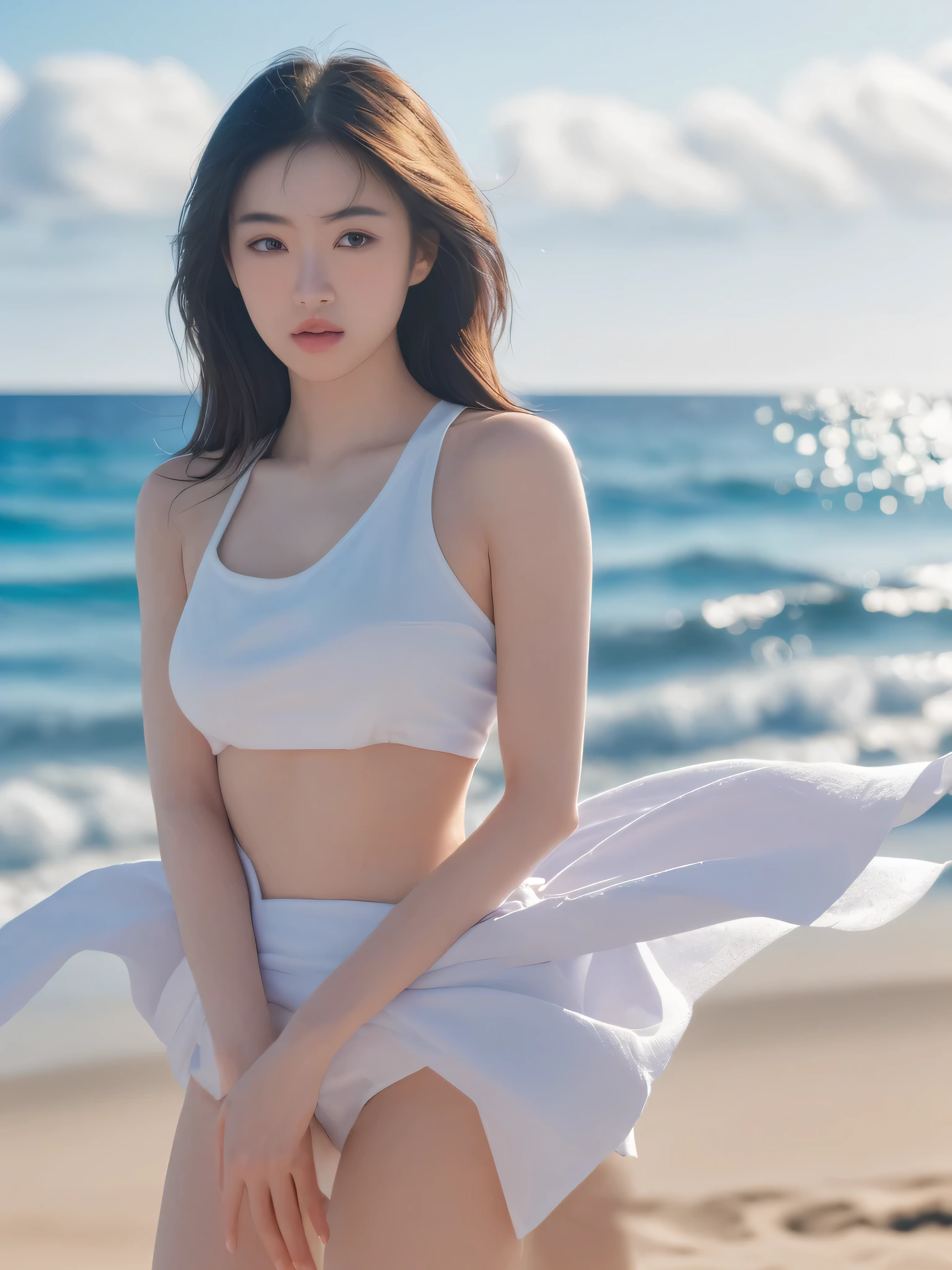 plan eloignée, a asian girl walking on a beach looking at the ocean, beautiful detailed eyes, beautiful detailed lips, extremely detailed eyes and face, long eyelashes, photorealistic, portrait, realistic, photo-realistic, 4k, 8k, highres, masterpiece, ultra-detailed, HDR, UHD, studio lighting, ultra-fine painting, sharp focus, physically-based rendering, extreme detail description, professional, vivid colors, bokeh, ocean, sandy beach, blue sky, golden sun, warm lighting, cinematic composition,((Meilleure qualité, 8k, chef-d&#39;œuvre :1.3)), netteté,visage ultra détaillé, Lèvres très détaillées, yeux détaillés,Double paupières, Visage maquillé. rouge à lèvres. (((Cheveux longs et fins avec une frange))). ((Short déchiré))