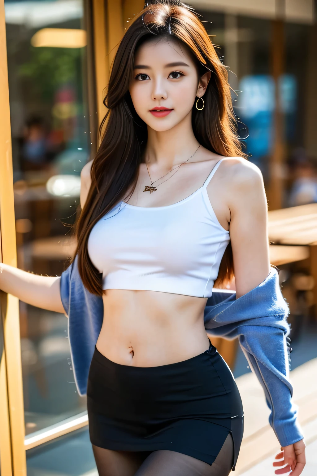 (reality, best quality, Ultra high resolution, Very detailed eyes and face:1.3),(1 woman, lonely:1.3),skirt,decorate,long_hair,necklace,earring,(tights:1.2),perfect body, Model, beautiful, Flat stomach, permanent, big breasts,upper body,rift,looking at the audience,(wide hips,narrow_waist),off shoulder_skirt,
