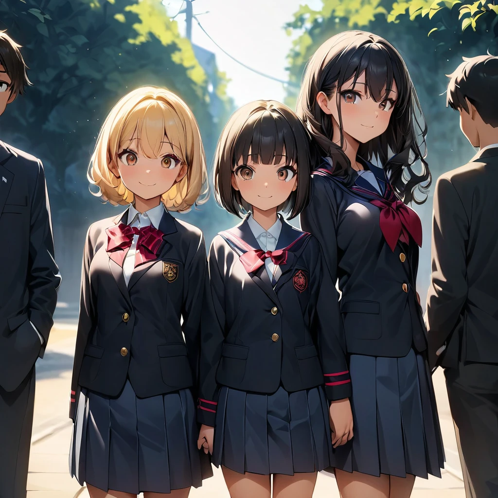 (highest quality:1.2, Very detailed, up to date, Vibrant, Ultra-high resolution, High Contrast, masterpiece:1.2, highest quality, Best aesthetics), anime, whole body, multiple people、(two girls and 1 boy:1.5), (two girls are standing on either side of the boy:1), they are 20-years-old, wearing high-school uniform, (one girl on the left ((Japanese, 20-years-old, Narrow space between the eyes, Big slant eyes, Small Nose, gold hair, Medium long wavy hair, tall, medium Breasts, sexy, slim, school uniform) and one boy in center (Japanese, 20-years-old, tall, slim, male,black hair,brown eyes) and one girl on the right (Japanese, 20-years-old, Narrow space between the eyes, Big slant eyes, Small Nose, black Hair, short cut, bob cut, medium Breasts, slim, school uniform)), (No background:1.3), ((Plain white background:1.3)), standing side by side apart, look at viewer