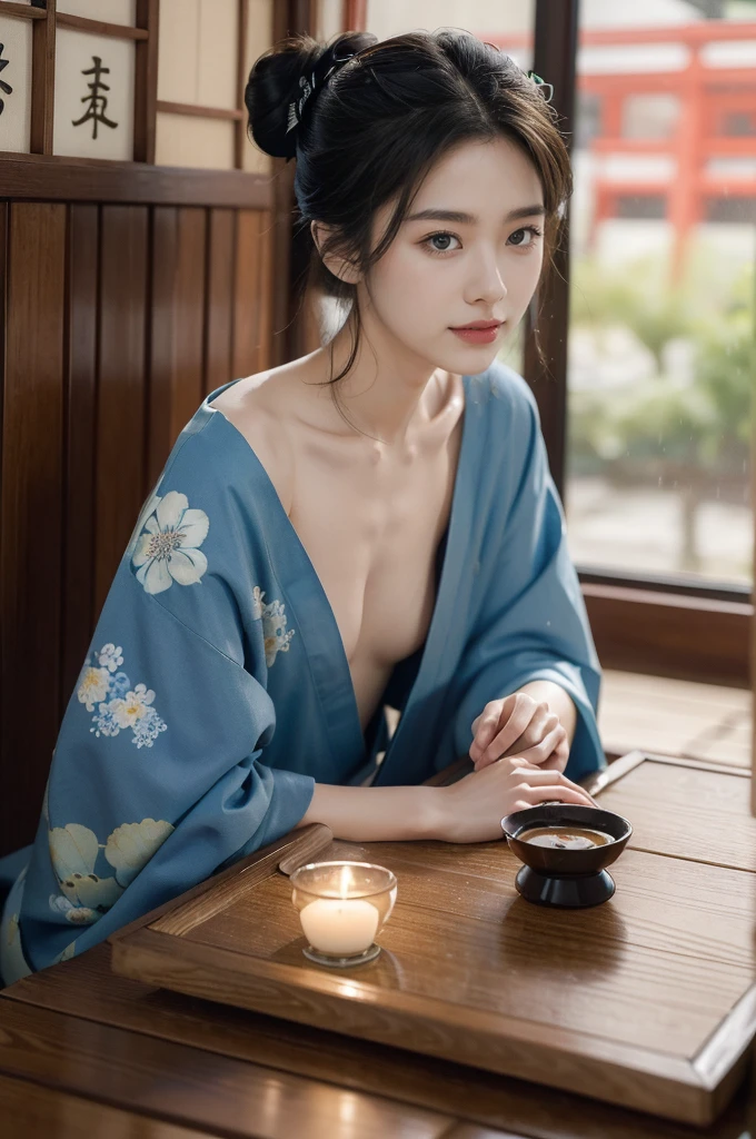 (((best quality))),(((ultra detailed))),(((masterpiece))),illustration,((1 beautiful Japannese girl,solo)),((slim,thin)),((small breasts,flat chest)),(((izakaya,summer,rain,night,indoor))),(blue floral kimono:1.3),neat bun,porcelain skin,rouge,dimly lit,warm glow,ethereal,(sitting beside the low table:1.3),sake bottle,half-empty glass,tray,grilled fish,steamed vegetables,half-eaten,melancholic smile,storm,solitude,enigmatic aura,tranquility,chaos,simplicity,complexity,emotions,sips sake,face softens,memories,frozen moment,photograph,glance,inner world,mysterious,captivating,((from front,upper body))