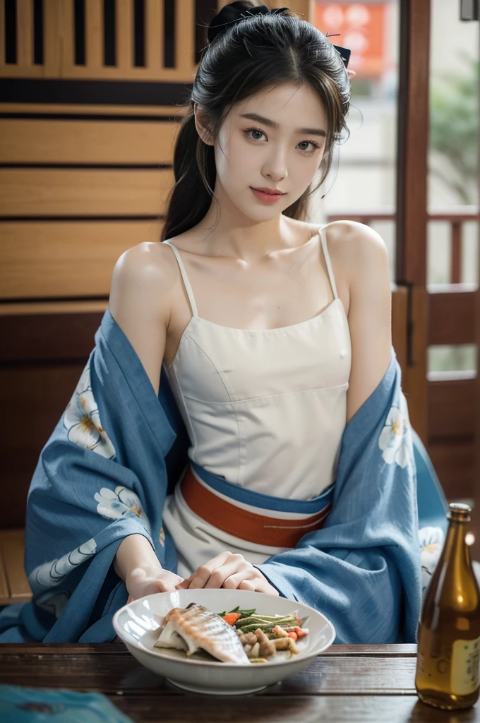 (((best quality))),(((ultra detailed))),(((masterpiece))),illustration,((1 beautiful Japannese girl,solo)),((slim,thin)),((small breasts,flat chest)),(((izakaya,summer,rain,night,indoor))),(blue floral kimono:1.3),neat bun,porcelain skin,rouge,dimly lit,warm glow,ethereal,(sitting beside the low table:1.3),sake bottle,half-empty glass,tray,grilled fish,steamed vegetables,half-eaten,melancholic smile,storm,solitude,enigmatic aura,tranquility,chaos,simplicity,complexity,emotions,sips sake,face softens,memories,frozen moment,photograph,glance,inner world,mysterious,captivating,((from front,upper body))