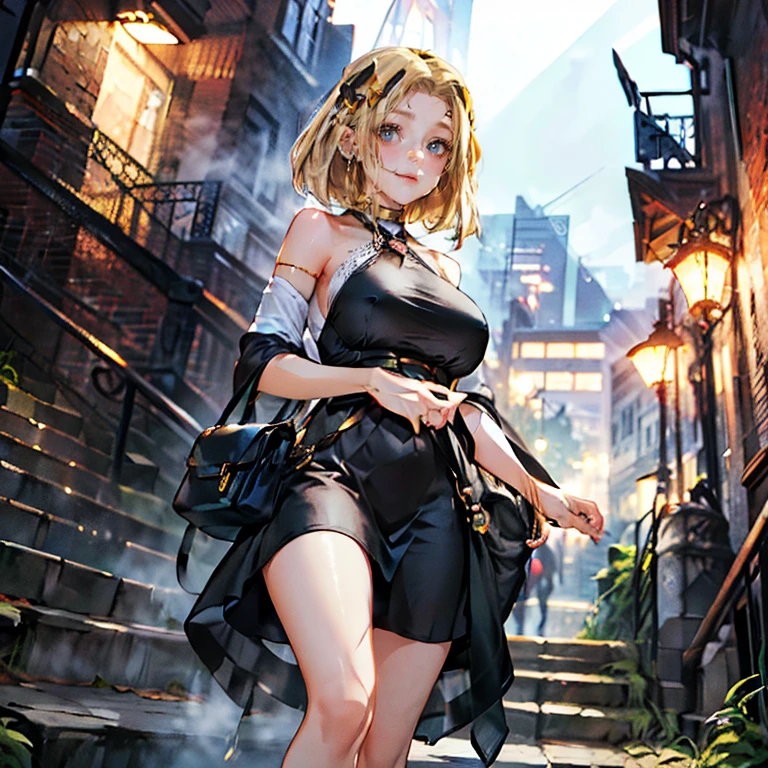 No sleeve,Sweaty,A perfect smile, (Perfect Anatomy, Anatomically correct, Highly detailed skin), Cute and symmetrical face, Perfect Face, Perfect Eyes, Perfect Fingers, Five Fingers, ((Hairstyle,blonde,Bobcut,hairpin)),Open-chested clothing,,((Shoulder bag,Hang at an angle)),(((whole bodyの描写,whole body))),Large Breasts,(((Downtown at night,alley))),((Adult female,sexy)),(((Wearing a black dress))),Climbing the stairs,Angle from below