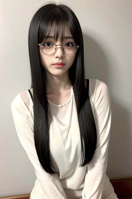 ((Melancholic expression))、((Sad face))、((Angry face))、((Crying face))、(Long black hair)、(Parting the bangs)、((Wear glasses))、See through，Beautiful and fair、Glowing Skin, 3 Up, Nice, bright, Refreshing and gentle look, Perfect beautiful face、Beautiful shiny bangs, Very beautiful 17 year old girl, eyeliner, Very perfect eyes，Very large breasts，The original skin is visible through the grooves，((Very light beige yoga wear))，、(Nipples are erect)