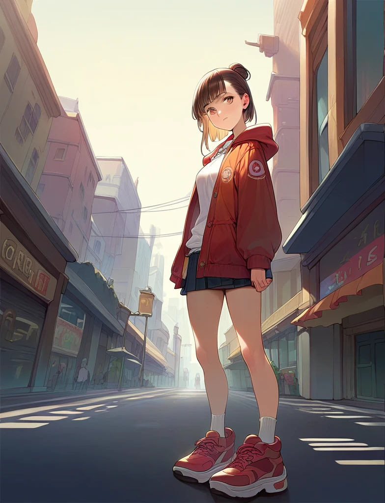 Kyoko,score_9,score_8_Excellent,score_7_Excellent,sauce_anime,One Girl,alone,View your audience,city,Streetscape of the 1980s,asphalt It&#39;s pave,It&#39;s pave,lamp post,force_line,Orange sky,evening,Pink Sweater,White collareだ shirt,length_skirt,blue skirt,cowboy_shot,front図,front、open legs、In combat、Crouching、Desperate Face、Leg spread、Bow-legged、Side view、Focus on the groin、open legs、（Raising both arms behind head、Crouching、Stick out your crotch、Leg spread、open legs）