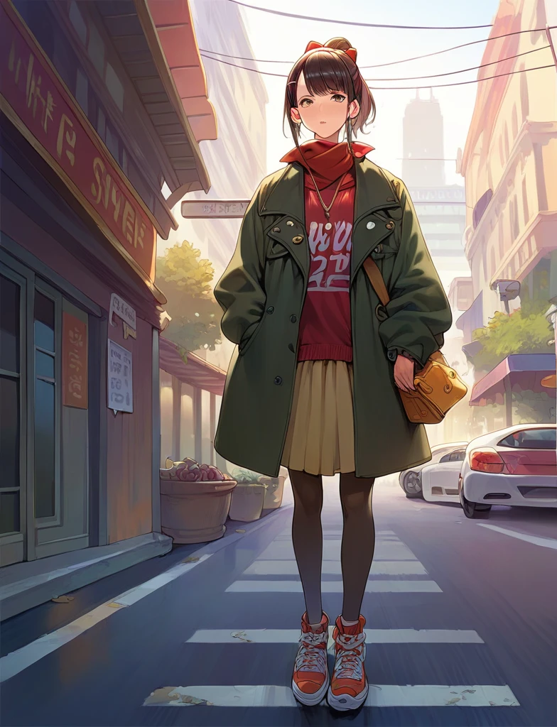 Kyoko,score_9,score_8_Excellent,score_7_Excellent,sauce_anime,One Girl,alone,View your audience,city,Streetscape of the 1980s,asphalt It's pave,It's pave,lamp post,force_line,Orange sky,evening,Pink Sweater,White collareだ shirt,length_skirt,blue skirt,cowboy_shot,front図,front、open legs、In combat、Crouching、Desperate Face、Leg spread、Bow-legged、Side view、Focus on the groin、open legs、(Raising both arms behind head、Crouching、Stick out your crotch、Leg spread、open legs)