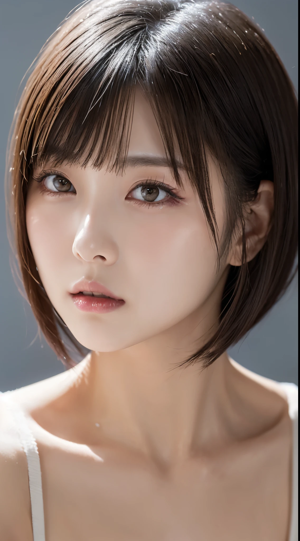 ((Bust-up photo:1.6))、((flat and small breasts:1.3))、((Like an ID photo:1.4))、((Apply beautiful makeup:1.6))、((Naked Girls:1.4))、((No underwear:1.6))、Natural Shading、((Moist eyes:1.3))、(K-Pop Idols)、Calm and goddess-like happiness、Look at the viewer with your whole body、((Slightly parted lips:1.3))、Natural Shading、((((Beautiful bob-cut gray hair))))、((Blonde Japanese Woman)))、(Short bob blonde:1.5)、masterpiece, Highest quality, 8k, Absurd, (Upper body:1.4), Beautiful girls, Beautiful face, Looking at the audience, Laughter, Surreal, High resolution, picture, Film Grain, chromatic aberration, Sharp focus, High resolution, フェイスLight, Dynamic Lighting, Light, Professional Shadow, Simple Background, (Dull grey background:1.4), Highest detail, Very detailed, Ultra-detailed, In detail, Real Skin, Delicate facial features, Detailed face and eyes, Sharp pupils、live action idol