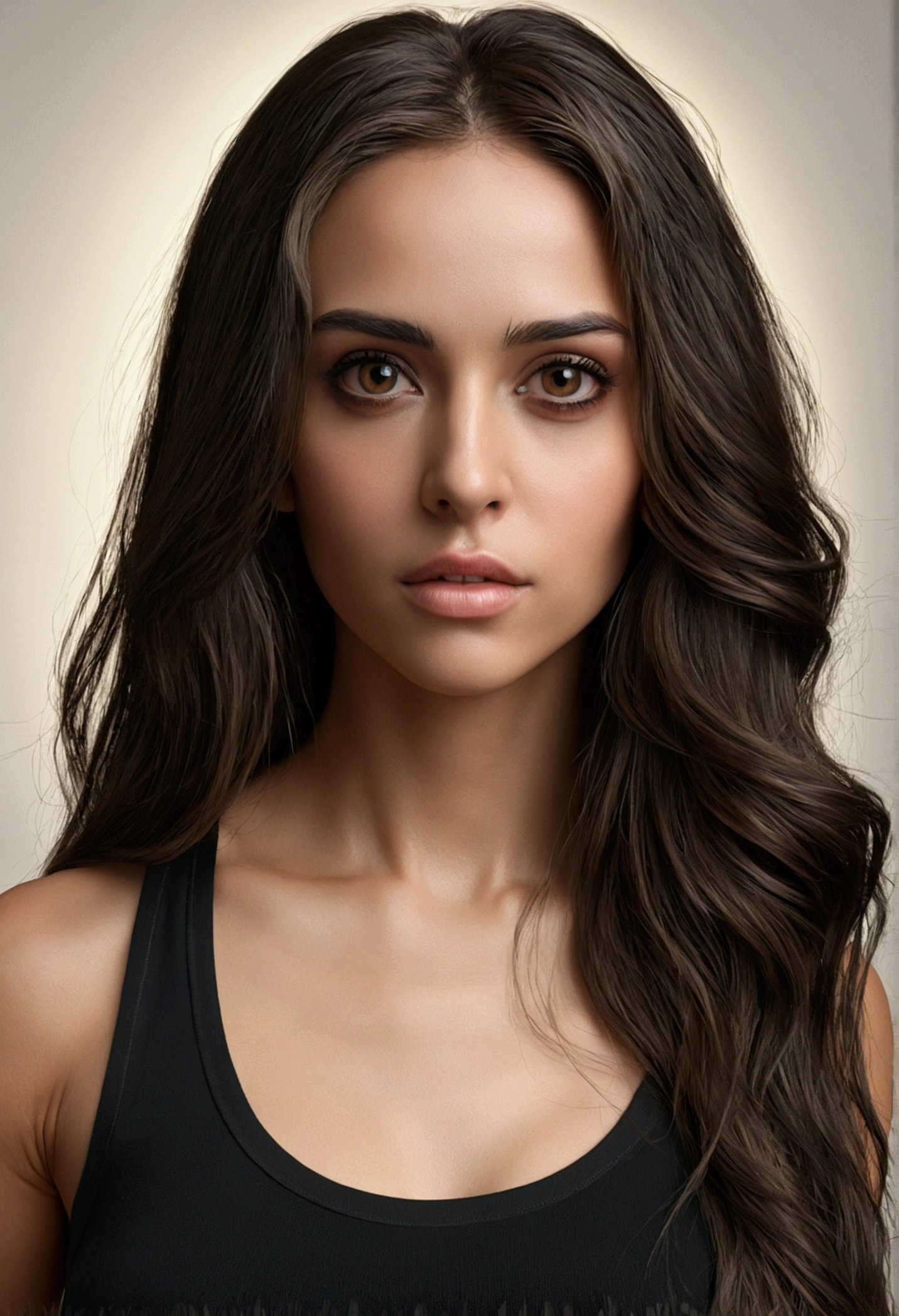 Absurd resolution, high resolution, (masterpiece: 1.4), super detailed, (((detailed face, detailed expression)), Portrait of a stunning woman with piercing dark brown eyes and long flowing hair, unique facial features, wearing black tank-top, realistic, view from the middle, front view, eyes towards the camera, soft face, clear face visible, intricate details in the clothing and facial features, studio lighting to enhance the depth and realism of the image, 
