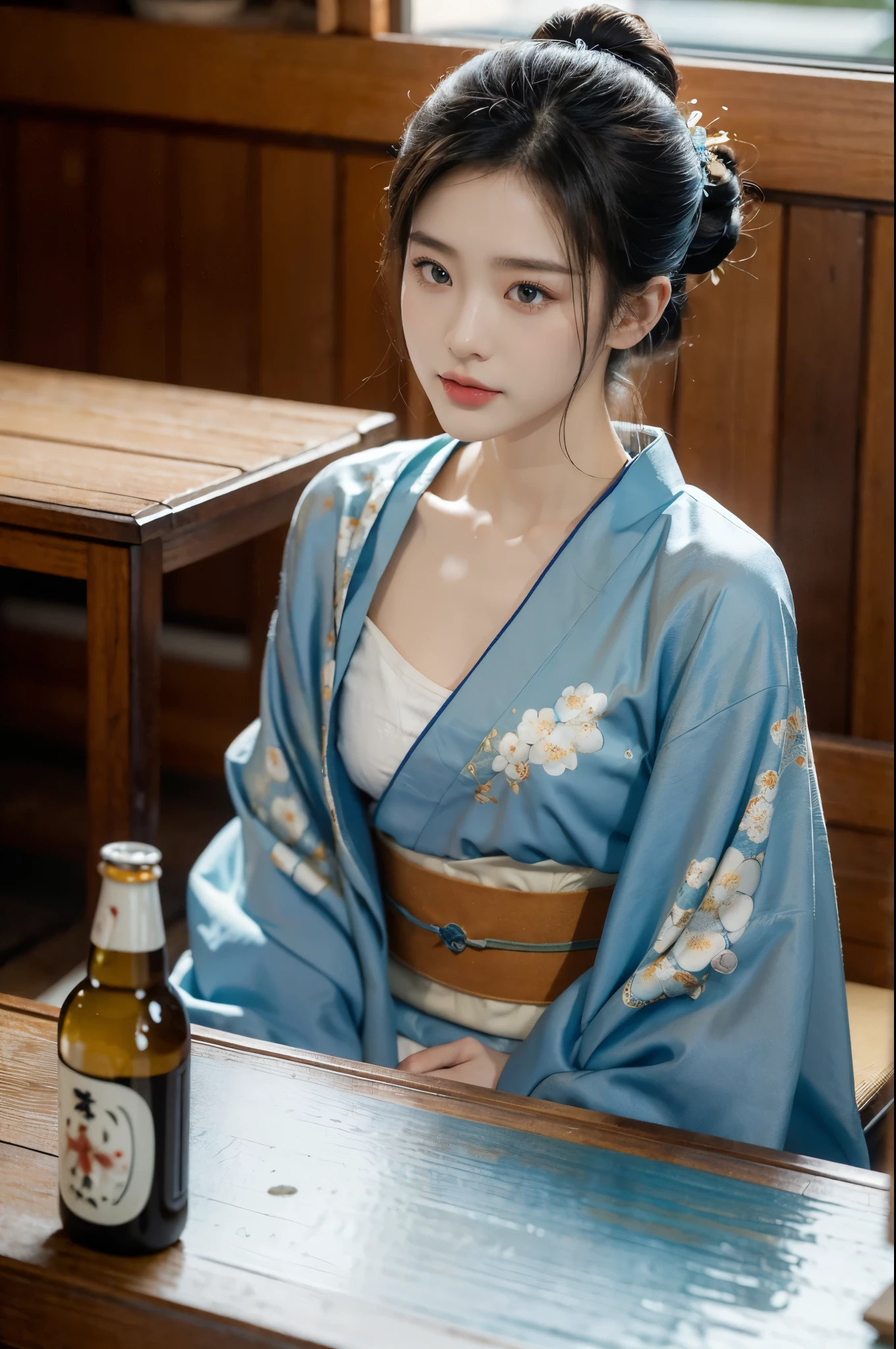 (((best quality))),(((ultra detailed))),(((masterpiece))),illustration,((1 beautiful Japannese girl,solo)),((slim,thin)),((small breasts,flat chest)),(((izakaya,summer,rain,night,indoor))),(blue floral kimono:1.3),neat bun,porcelain skin,rouge,dimly lit,warm glow,ethereal,low table,sake bottle,half-empty glass,tray,grilled fish,steamed vegetables,half-eaten,melancholic smile,storm,solitude,enigmatic aura,tranquility,chaos,simplicity,complexity,emotions,sips sake,face softens,memories,frozen moment,photograph,glance,inner world,mysterious,captivating,(sitting:1.3),((from front,upper body))