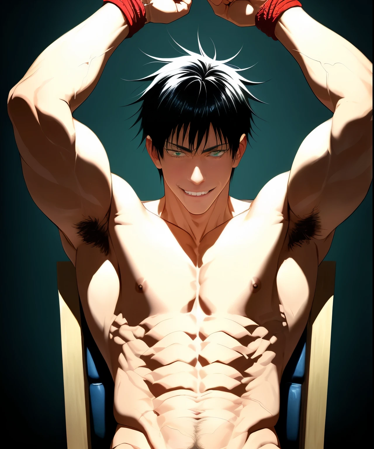 Black-haired green-eyed anime man sitting on a chair, Cool anime poses, muscular!!, muscular!, Anime handsome man, Tall anime man with blue eyes, male anime character, muscular!!!, [ Strong abdominal muscles ]!!, The strongest posture, [ Strictly defined abdominal muscles ]!!, Energy Man&#39;s Epic Animation, muscular character