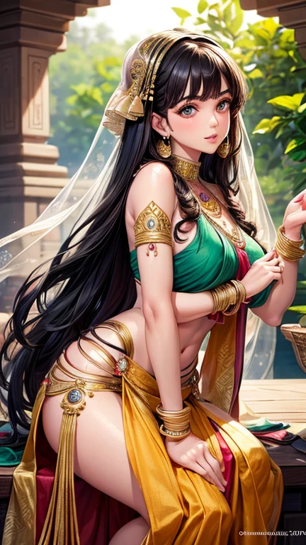 upper half body of (A hyper-realistic), (illustration), (high resolution), (8K), (highly detailed), (The best illustration of beautiful detailed eyes), (top-quality), (ultra-detailed), (​masterpiece), (beautiful attractive face), long hair, Earrings with bangs, ((20 year old Indian beautiful girl)), (((wearing traditional sari ))) , (((Glamorous body))) , Elegant Pose, Seduction pose, Looking at the camera, garden background