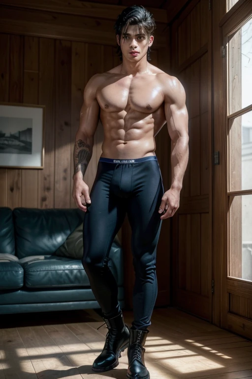 a shirtless young latino man, 20 years old, with a military haircut, black hair, intense brown eyes, chiseled facial features, no facial hair, height 1.80m, weight 65kg, aesthetic muscular build, wearing blue lycra pants and black military boots, full body shot, in the living room of an apartment, (best quality,4k,8k,highres,masterpiece:1.2),ultra-detailed,(realistic,photorealistic,photo-realistic:1.37),cinematic lighting,dramatic shadows,vibrant colors,detailed textures