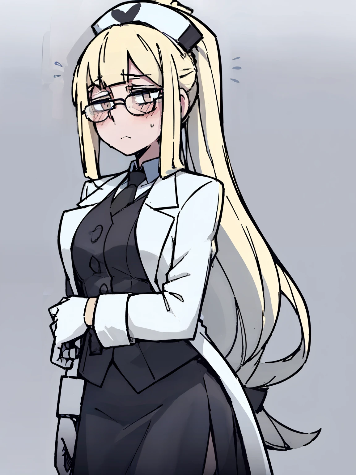 ((A woman,((blonde)),Long ponytail whip,White doctor coat,Blue Shirt,Black skirt,Black round glasses,Nurse hat)),matron,((blush)),Love Eyes,flush,front,Half Body,dignified,grace,White background