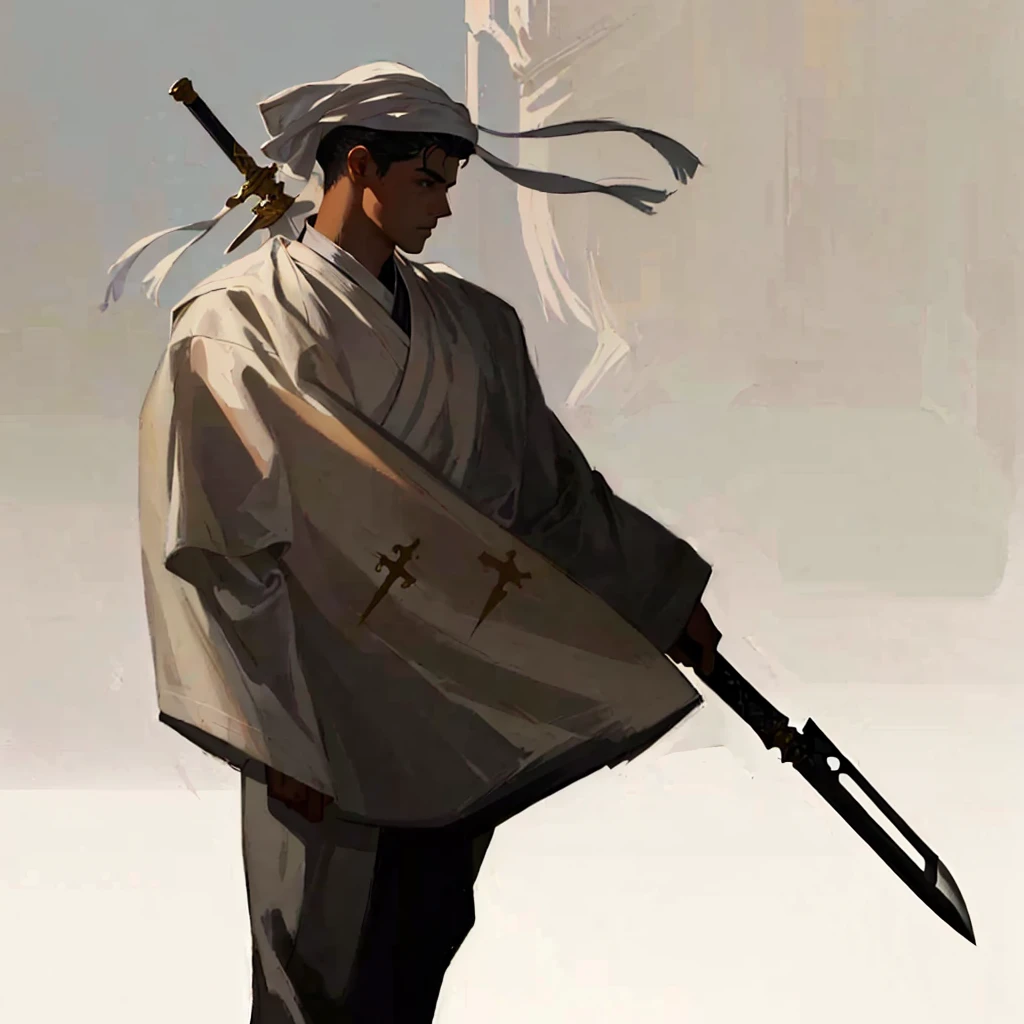 arafed man in a white robe with a long knife, digital character painting, concept art of a monk, character painting, 2d concept art, illustration concept art, digital painting concept art, ancient soldier, concept art of a warrior, very coherent stylized artwork, concept painting, concept art character, painted as a game concept art, concept art, black hair, lightskin, handsome