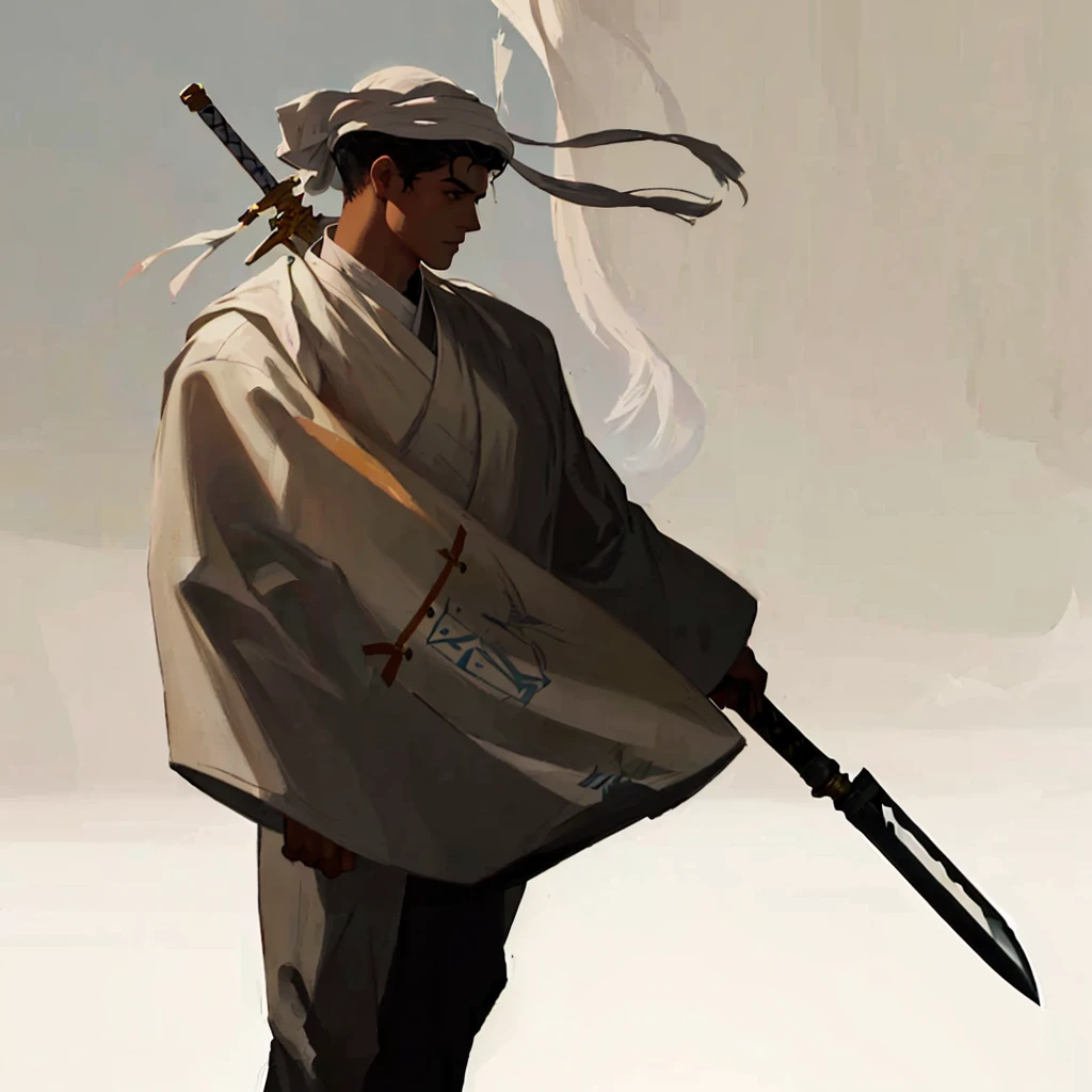 arafed man in a white robe with a long knife, digital character painting, concept art of a monk, character painting, 2d concept art, illustration concept art, digital painting concept art, ancient soldier, concept art of a warrior, very coherent stylized artwork, concept painting, concept art character, painted as a game concept art, concept art, black hair, lightskin, handsome