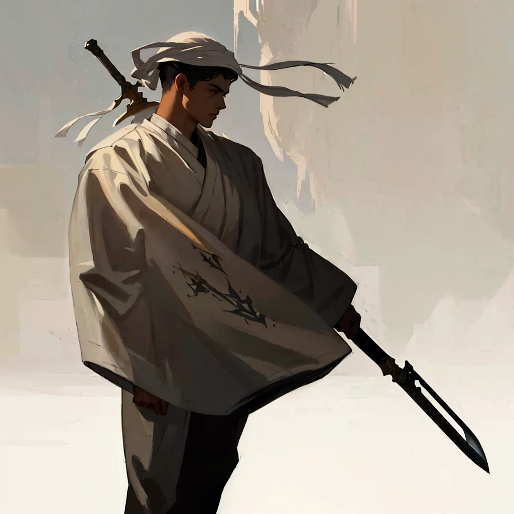 arafed man in a white robe with a long knife, digital character painting, concept art of a monk, character painting, 2d concept art, illustration concept art, digital painting concept art, ancient soldier, concept art of a warrior, very coherent stylized artwork, concept painting, concept art character, painted as a game concept art, concept art, black hair, lightskin, handsome