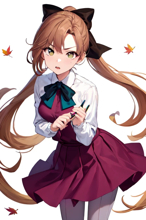 masterpiece, Highest quality, One girl, alone, (White Background:1.4), View your viewers, shame,surprise, Conceit, upper_body, Holding a pencil, Autumn spider, ponytail, Hair Ribbon, Small breasts, , shirt, bow, skirt, Grey pantyhose,,
