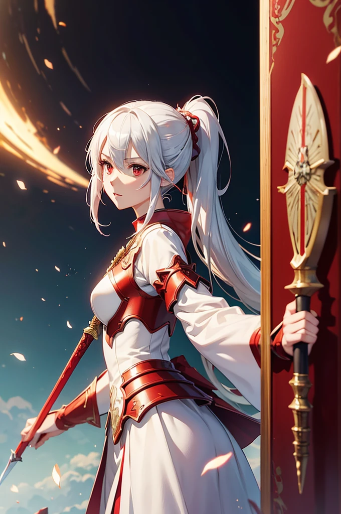 Wearing a red and white dress、anime girl holding sword, Highly detailed official artwork, Epic Light Novel Cover Art, epic Light novel cover art, Silver and red armor, guweiz on pixiv artstation, Anime style 4k, Detailed key animation art, Light novel cover art, Anime Fantasy Artwork，White hair and red eyes，Side Ponytail，Waist-length hair，one person，Portraiture，Reading